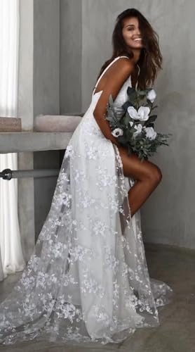 Women Lace Beach Wedding Dresses for Bride 2024 V Neck Lace Sexy Slit Bridal Wedding Gowns for Women