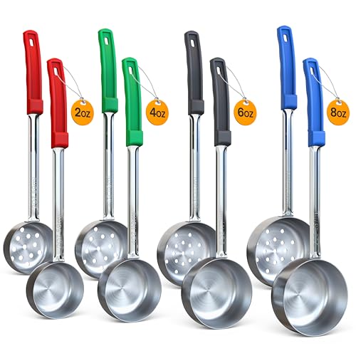 Portion Control Serving Spoons - Bariatric Must Haves - Ideal for Weight Watchers & Gastric Bypass - Set of 8 Ladles, 4 Sizes - Solid Bottom & Perforated/Slotted for Draining