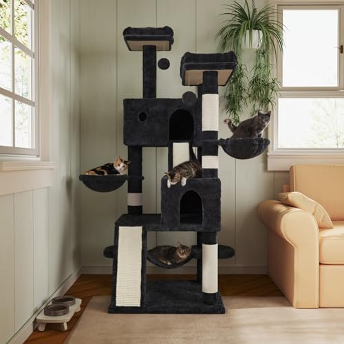 MUTICOR 66 Inches Multi-Level Large Cat Tree Tower for Indoor Big Cats/Cozy Plush Perches/Cat Condo/Sisal Scratching Posts/Hammock and Baskets/Cat Activity Center Play House/Wide Base/Dark Grey