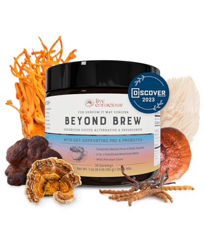 Beyond Brew Mushroom Superfood Coffee | Mushroom Coffee Alternative Low Caffeine | Healthy Coffee Substitute | W/ Prebiotics & Probiotics | By Live Conscious | 30 Servings Net Wt. 7 oz (0.4 lb/201g)