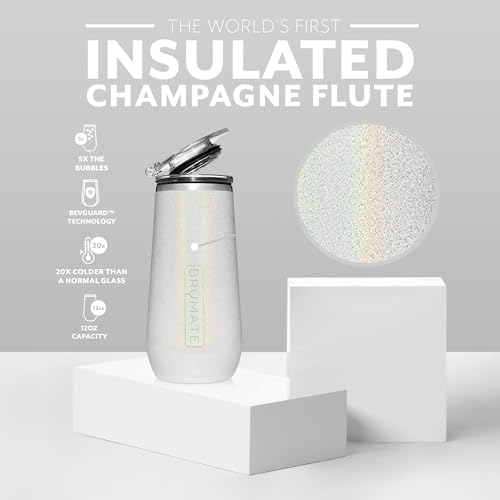 BrüMate 12oz Insulated Champagne Flute With Flip-Top Lid - Made With Vacuum Insulated Stainless Steel (Glitter White)