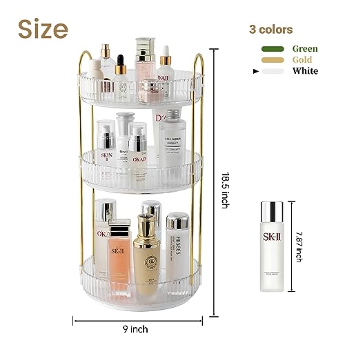 Rotating Makeup Organizer for Vanity, Large Skincare Make Up Storage Perfume Organizers for Bathroom Counter, Clear Cosmetic Dresser Organizer, Lipstick Toiletry Spinning Holder (3 Tiers, White)