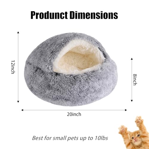 Calming Dog Beds & Cat Cave Bed with Hooded Cover,Removable Washable Round Beds for Small Medium Pets,Anti-Slip Faux Fur Fluffy Coved Bed,Comfortable Warming Pet Bed (20 * 20inch, Grey)