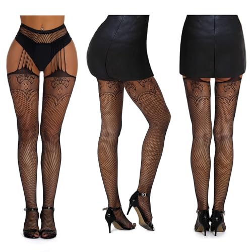 SOUTHRO 5 Pairs Fishnet Thigh High Garter Stockings Patterned Tights for Women,Garter Belt Set & Suspender Pantyhose for Girl