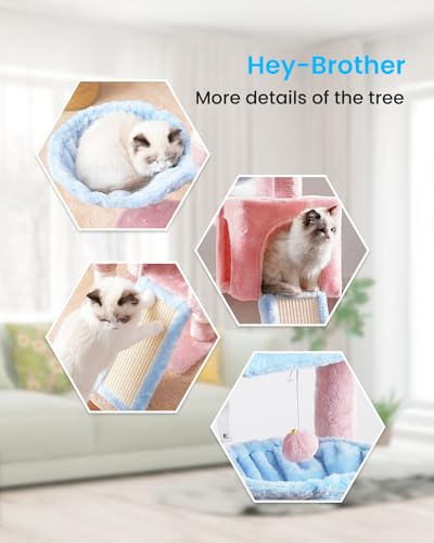 Hey-brother Cactus Cat Tree, Cat Tower for Indoor Cats, Cat House with Large Padded Bed, Cozy Condo, Hammocks, Sisal Scratching Posts, Big Scratcher, Blue and Pink MPJ006SBP