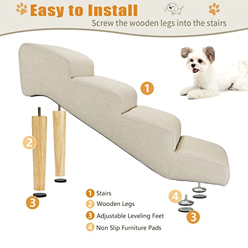 Senneny Imitation Linen Faux Leather Dog Stairs, for Pets up to 150 lbs, Waterproof, Scratch Resistant Pet Steps/Stairs with High Density Foam and Detachable Wooden Legs, Light Beige Linen, 4 Step