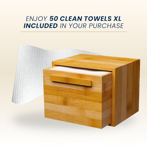 Clean Skin Club Luxe Bamboo Box with Drawer & Towels XL, Face Towel, Disposable Makeup Remover Dry Wipes, Facial Wash (Bamboo Container Drawer)