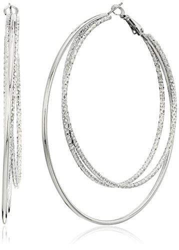 Guess Smooth and Textured Wire Silver Hoop Earrings