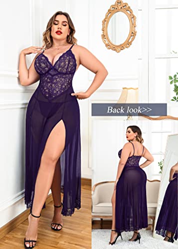 Avidlove Plus Size Lingerie For Women Babydoll Sexy Mesh Maxi Nightdress Strappy Exotic Sleepwear Side Slits