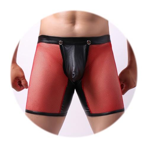 Evankin Men's See Through Sexy Mesh With Faux Leather Loose Shorts Pants Erotic Clubwear Button Removable Pouch