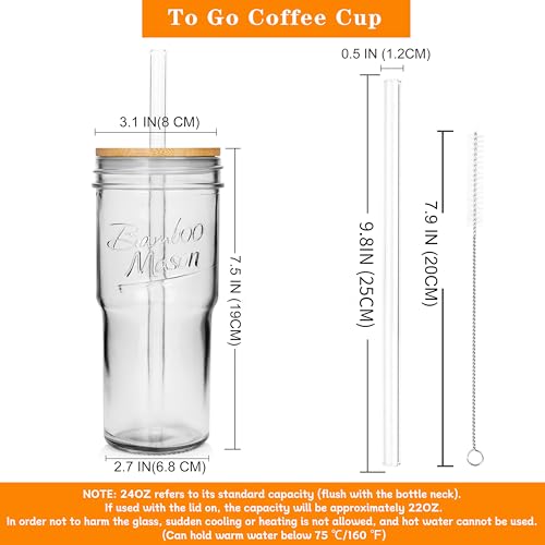 ANOTION Glass Cups with Lids and Straws 4 Packs, 24oz Travel Coffee Mug Wide Mouth Mason Jar Iced Coffee Cup Smoothie Cup Glass Tumbler Tea Cup Clear Cute Water Cups Drinking Jars Glasses