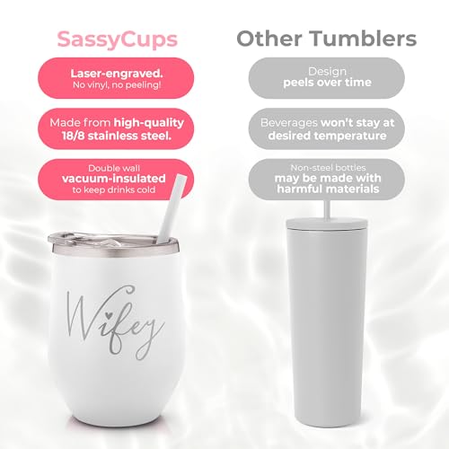 Wifey Engraved Stainless Steel Vacuum Insulated Wine Glass Tumbler with Lid and Straw - Bridal Shower Bride Cup - Bachelorette Party - Engagement Tumbler - Wife Anniversary, Bridal Shower, Wedding