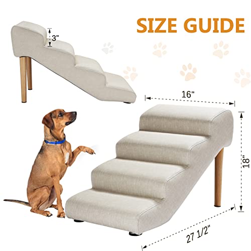 Senneny Imitation Linen Faux Leather Dog Stairs, for Pets up to 150 lbs, Waterproof, Scratch Resistant Pet Steps/Stairs with High Density Foam and Detachable Wooden Legs, Light Beige Linen, 4 Step