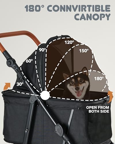 Medium Pet Stroller for Dogs Up to 66lbs, Adjustable Handle, 180 ̊ Canopy, 4 Wheels for Medium/Large Dogs and Cats, Waterproof Pad