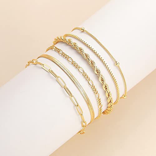 DEARMAY Gold Bracelets for Women Waterproof, 14K Real Gold Jewelry Sets for Women Trendy Thin Dainty Stackable Cuban Link Paperclip Chain Bracelet Pack Fashion Accessories Gifts for Women Girls