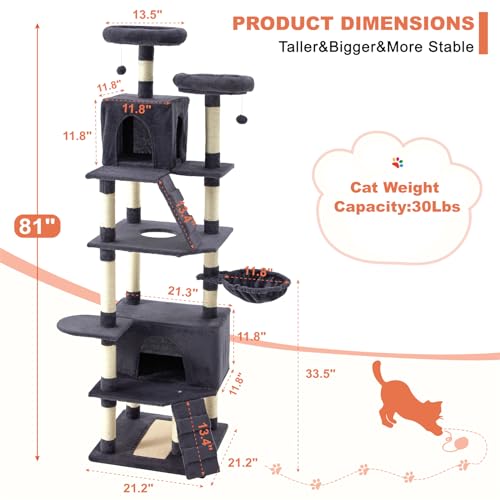 MDEAM Cat Tree 81 Inch Multi-Level Large Cat Tower for Large Cats with Cat Caves/Scratching Board/Climbing Ladder/Sisal Scratching Posts/Basket/Cozy Plush Cat Perches(Dark Gray)