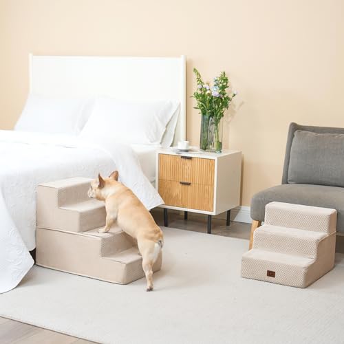 EHEYCIGA Dog Stairs for Bed 18”H, 4-Step Dog Steps for High Bed, Pet Steps for Small Dogs and Cats, Non-Slip Balanced Dog Indoor Ramp, Beige