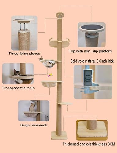 Cat Tree Floor to Ceiling Natural Sisal Rope Scratching Post Height:55.52-118.5 Inches Adjustable Cat Tree Cat Modern Activity Tree