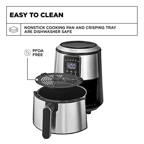 Crux 3QT Digital Air Fryer, Faster Pre-Heat, No-Oil Frying, Fast Healthy Evenly Cooked Meal Every Time, Dishwasher Safe Non Stick Pan and Crisping Tray for Easy Clean Up, Stainless Steel