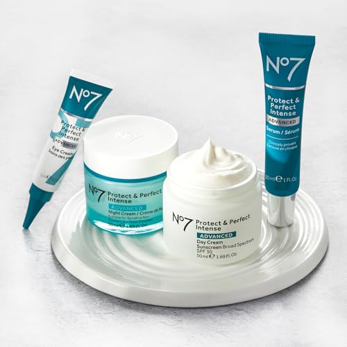 No7 Protect & Perfect Intense Advanced Anti Aging Skincare System - Day Cream with SPF 30 - Hydrating Shea Butter Night Cream - Rice Protein & Hyaluronic Acid Face Serum - Anti Aging (3 Piece Kit)