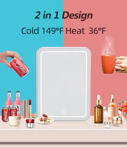 Mini Skincare Fridge (4 Liter/6 Can) with Dimmable LED Light Mirror, Cooler and Warmer for Refrigerating Make Up, Skin Care and Food, Portable Mini Fridge for Bedroom, Office and Car, White