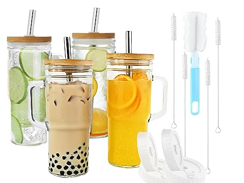 Glass Cups with Bamboo Lids and Straws,24oz Tumbler With Handle,4 Pack Mason Jar with Lid and Straw-Wide Mouth Reusable Drinking Glasses,Boba Cup Smoothie Tumbler Iced Coffee Cup Travel Mug