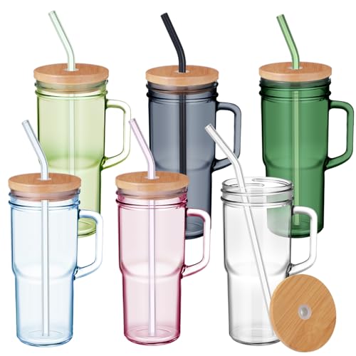 Hushee 6 Pcs 24 oz Glass Cups with Lids and Straws Glass Tumblers with Handle Reusable Drinking Cups with Lids for Adults Coffee Jars with Lids Drinking Jars for Iced and Hot Beer Juice and Tea