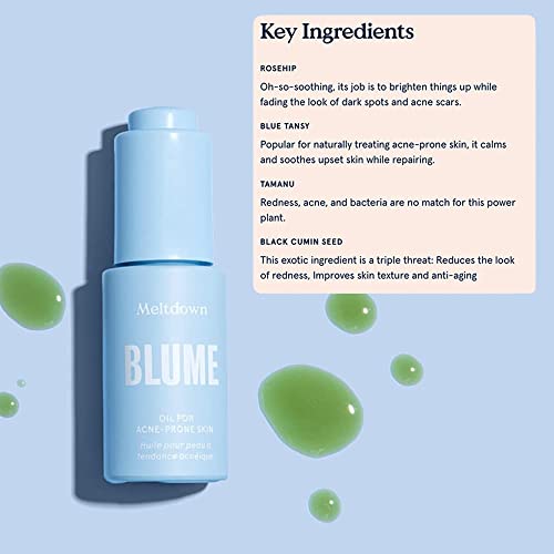 Blume Meltdown Acne Oil - Acne Treatment Face Oil + Pore Minimizer - Skin-Smoothing Face Serum with Rosehip Oil, Blue Tansy and Black Cumin Seed Oil - Helps Calm Redness and Improve Texture (0.5 oz)