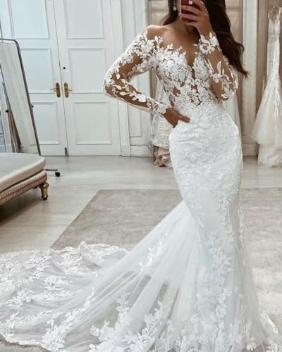 SYYS Long Sleeve Mermaid Wedding Dresses for Bride 2024 Lace Applique s Vintage Wedding Dresses SYYS26-M