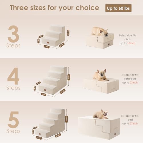 EHEYCIGA Dog Stairs for Bed 18”H, 4-Step Dog Steps for High Bed, Pet Steps for Small Dogs and Cats, Non-Slip Balanced Dog Indoor Ramp, Beige