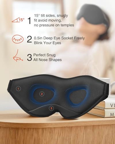 Sleep Mask, Eye Mask for Sleeping, Women Men Side Sleeper, 3D Contoured Cup No Eye Pressure 100% Blocking Light Sleeping Mask with Adjustable Strap Blindfold Yoga, Traveling, Nap, Black