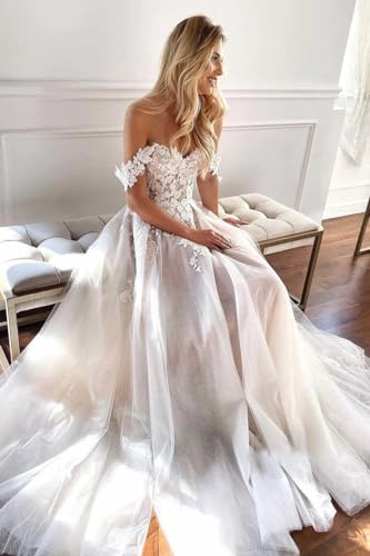 A Line Lace Appliques Wedding Dress with Slit Off The Shoulder Backless Boho Bridal Gowns