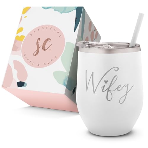 Wifey Engraved Stainless Steel Vacuum Insulated Wine Glass Tumbler with Lid and Straw - Bridal Shower Bride Cup - Bachelorette Party - Engagement Tumbler - Wife Anniversary, Bridal Shower, Wedding