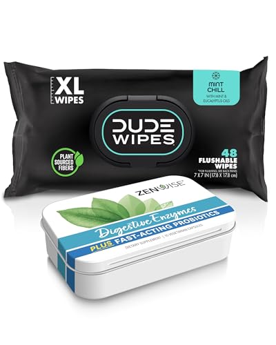 Dude Wipes & Zenwise #2 Bundle - 48 Flushable Wipes and 15 Digestive Enzymes with Probiotics and Prebiotics for Digestive & Gut Health