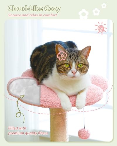 Flower Cat Tree with Large Metal Frame Hammock, 35" Cute Cat Tower with Sisal Scratching Posts for Small Indoor Cats, Cat Condo with Pink Top Perch for Kittens, Pink