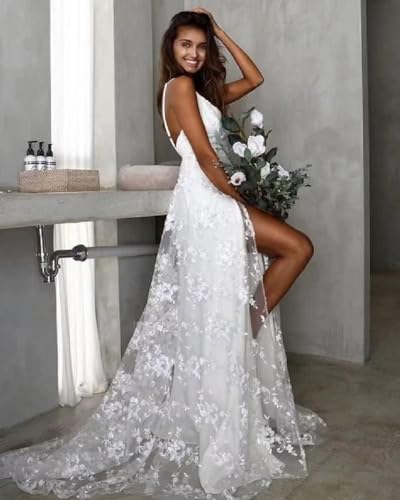 Women Lace Beach Wedding Dresses for Bride 2024 V Neck Lace Sexy Slit Bridal Wedding Gowns for Women