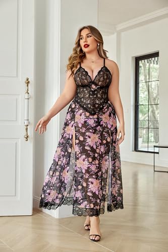 Avidlove Plus Size Lingerie For Women Babydoll Sexy Mesh Maxi Nightdress Strappy Exotic Sleepwear Side Slits