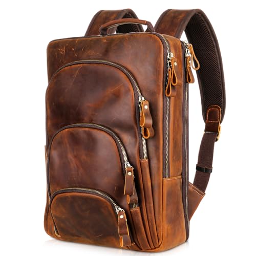 Full Grain Leather Backpack 15.6" Laptop Bag Men's Vintage Genuine Leather Business Backpack Travel Hiking Camping Rucksack Overnight Weekender Daypack