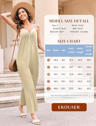 Ekouaer Jumpsuits for Women Loose Sleeveless Adjustable Spaghetti Strap Romper Stretchy Wide Leg Pants Outfits with Pockets