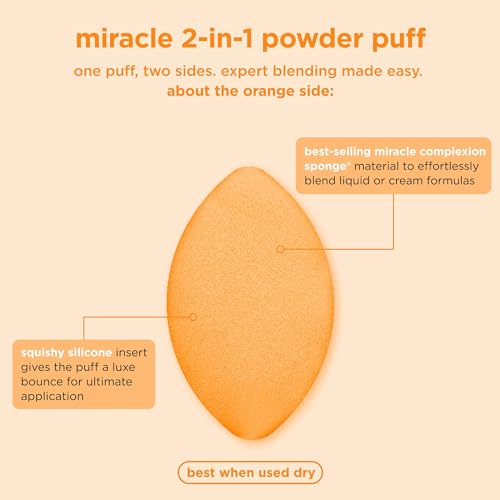 Real Techniques Miracle 2-In-1 Powder Puff, Dual-Sided, Full-Size Makeup Blending Puff, Reversible Elastic Band, Precision Tip Makeup Sponge & Powder Puff, For Liquid, Cream & Powder, 2 Count