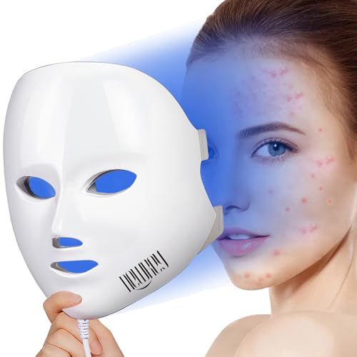 NEWKEY Blue light Therapy Mask for Face Acne, 7 Colors LED Acne Scar Spots Light Therapy Treatment with Silicone Eye Protector for Acne Prone Sensitive Skin and Blemishes Prevention,Plug-in