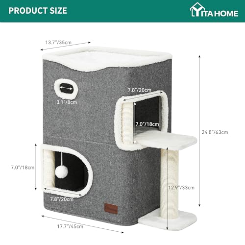 YITAHOME 2 Tier Cat House, Indoor Cat Cave Bed Playhouse, Cat Tunnels with Scratch Pad and Hideaway Cube, Cute Modern Cat Condo Furniture for Multi Small Cats, Extended (Grey)