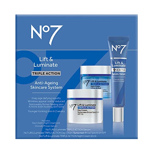 No7 Lift & Luminate Triple Action Skincare Set - Broad Spectrum Anti Aging Day Cream SPF 30 + Vitamin C Wrinkle Serum + Collagen Peptide Brightening Night Cream (3 Piece Kit)