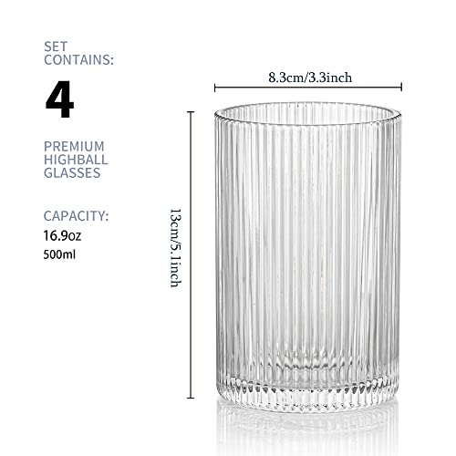 Vintage Ribbed Glassware Set: 4pcs 16.9oz XL Drinking Glasses, Fluted Ripple Drinkware, Origami Style, Elegant Glassware for Whiskey, Cocktail, Iced Coffee, Juice, Beer, Soda