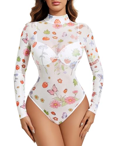 Avidlove Long Sleeve Bodysuit for Women Turtleneck Sheer Mesh Bodysuit Geo Print Leotards