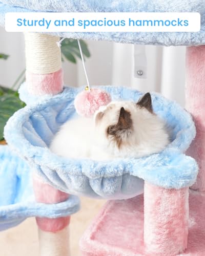 Hey-brother Cactus Cat Tree, Cat Tower for Indoor Cats, Cat House with Large Padded Bed, Cozy Condo, Hammocks, Sisal Scratching Posts, Big Scratcher, Blue and Pink MPJ006SBP