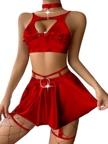 Lilosy Sexy Stocking Chocker Strappy Underwire O Ring Push Up Garter Belt Women Skirt 5 Piece