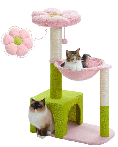 Flower Cat Tree with Large Metal Frame Hammock, 35" Cute Cat Tower with Sisal Scratching Posts for Small Indoor Cats, Cat Condo with Pink Top Perch for Kittens, Pink