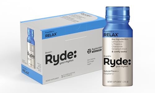 RYDE Relax Shot| Raspberry Flavor|2 FL OZ Shots|Ginseng & Chamomile | Zero Calories, Zero Sugar - for Relaxation and Stress Relief (Pack of 8)