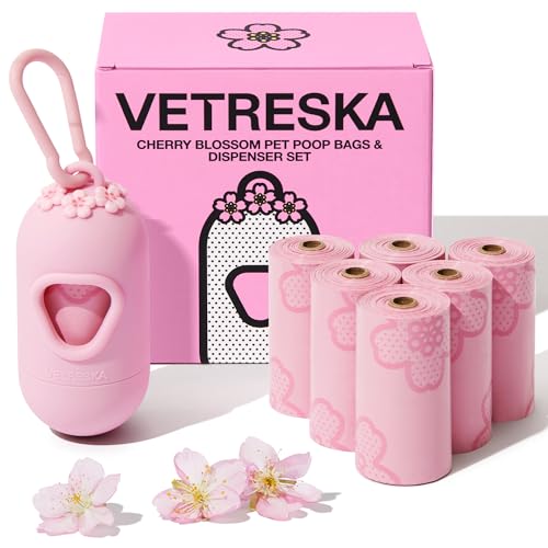 VETRESKA Dog Poop Bag Dispenser with Cherry Blossom Scented Bags, Leak Proof, Extra Thick Waste 1 Count Holder and 105 Bags for Walking Cats Litter, Pink